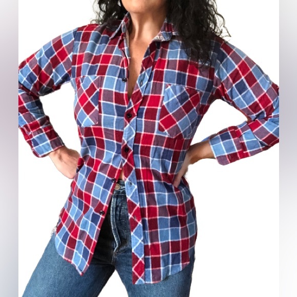 Vintage Buffalo Check Plaid Flannel Longline Button Down Shacket Shirt Jacket - Picture 1 of 9
